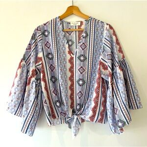 Lavender Field Geometric Pattern V Neck Flounce Sleeve Blouse